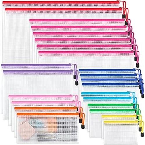 JARLINK 24 Pack 8 Sizes Mesh Pouch, 9 Colors, Waterproof Zipper File Bags Document Multipurpose Travel Bags for Office, School, Board Game, Puzzles, Cosmetics, Travel Accessories, and Home Organize
