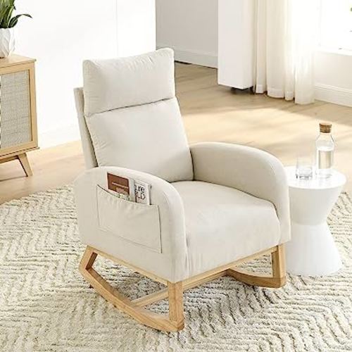 Nursery Rocking Chair with Solid Wood Legs, Glider Chair for Nursery with Two Side Pockets, Rocker Armchair for Living Room Bedroom (Beige, Linen Fabric)