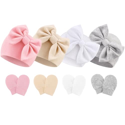 BQUBO Newborn Baby Hats Mittens Set Hospital Hat Beanie Infant Bow Hats Baby Gloves No Scratch Mittens for 0-6 Months