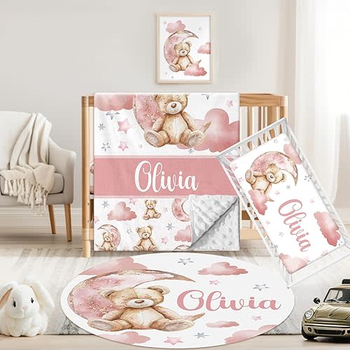 Custom Baby Crib Bedding Set, 3 Pcs Personalized Name Baby Crib Sets for Boys & Girls, Pink Bear Theme Nursery Bedding Set, Soft Toddler Bedding Crib Sets Customized Gifts for Infants
