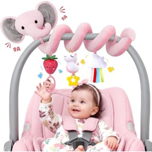 Spiral Car Seat Toys for Baby Girls 0-6 Months, Cute Pink Elephant Strawberry Stuff, Perfect Newborn Shower Gifts for Girls Essentials