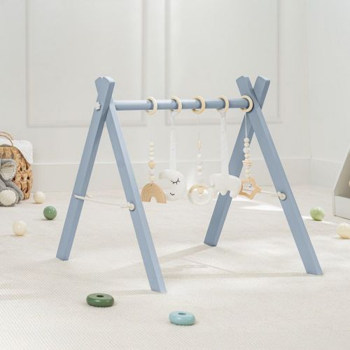 Wooden Baby Play Gym Set, Interactive Activity Center Hanging Bar With Gym Toys By Comfy Cubs, Pacific Blue