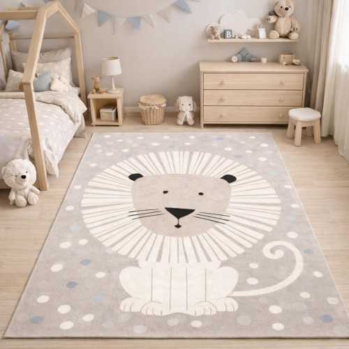 Cute Lion Nursery Rug, Soft Neutral Animal Design, Washable Non Slip Kids Area Rug for Baby Room, Playroom, Toddler Bedroom Decor