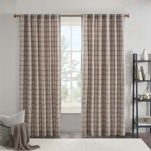 Plaid Rod Pocket and Back Tab Curtain Panel with Fleece Lining Brown 50"x84"
