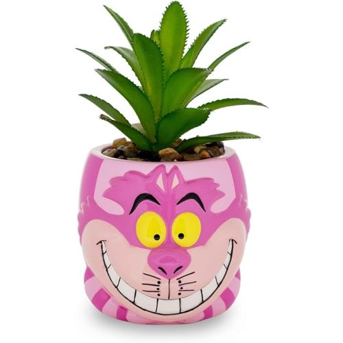 Silver Buffalo Disney Alice in Wonderland Cheshire Cat 3-Inch Ceramic Mini Planter w/Artificial Succulent | Small Flower Pot, Faux Indoor Plants for Desk Shelf, Home Decor Trinket Tray