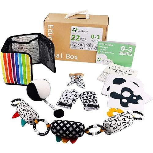 vocheer High Contrast Baby Toys for Newborn, 6 in 1 Black and White Sensory Baby Gift Set for 0-3 Months, 21pcs Montessori Early Educational Learning Kit