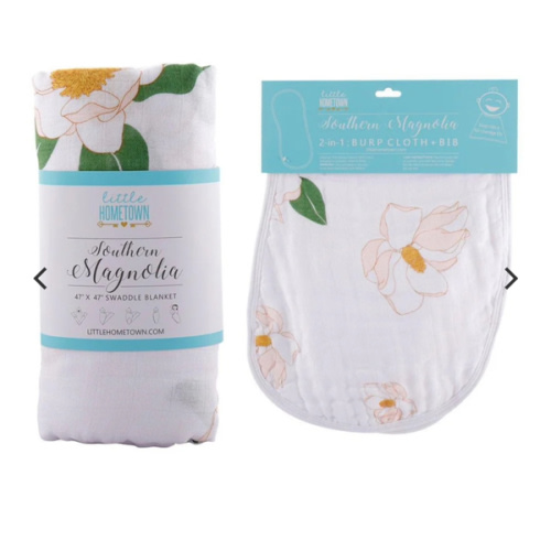 Gift Set: Southern Magnolia Baby Muslin Swaddle Blanket and Burp Cloth/Bib Combo - Little Hometown