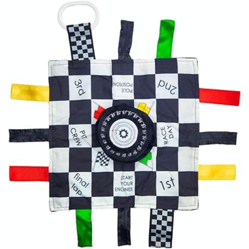 Baby Jack & Co 10x10” Racing Sports Lovey Sensory Plush Blanket - Tag Toy for Babies - Baby Stroller Toys - Learn Shapes, Letters & Colors - MVP Baby Tire Toy & Baby Sports Gift w/Stroller Clip