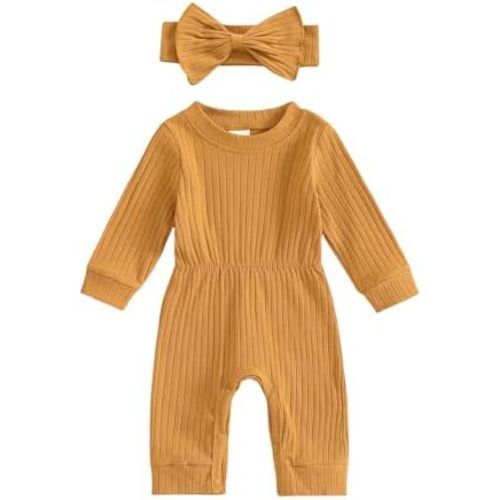 Winioder Newborn Baby Girl Fall Clothes Ribbed Long Sleeve Romper Jumpsuit with Headband Infant 2Pcs Coming Home Outfit