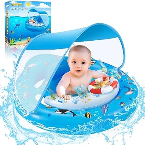 Baby Pool Float with Canopy, Baby Float for 6-36 Months, Baby Swimming Float, Toddler Pool Float with UPF50+ Sun Protection Canopy & Toy Play Console, Adjustable Safety Seat