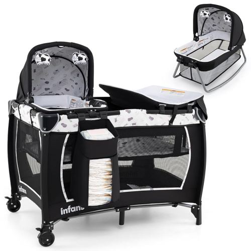 INFANS 4 in 1 Pack and Play, Portable Nursery Center for Baby Kid Infant, Travel Playard with Bassinet, Mattress, Diaper Changer, Bag, Toys, Music Box, Storage Basket (Cow)