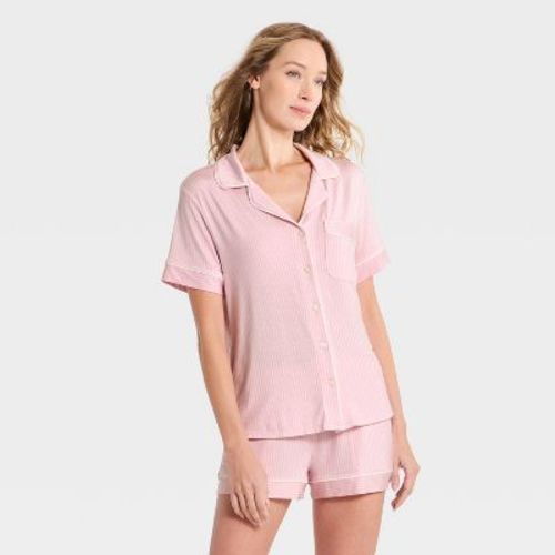 Women's Cloud Knit Modal Short Sleeve Notch Collar Top and Shorts Pajama Set - Auden™ Pink S