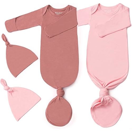 2Pk Newborn Baby Knotted Gown, Super Soft Silky Infant Long Sleeve Sleeper for Baby Sleeping with Hat or Headband (2 Packs)