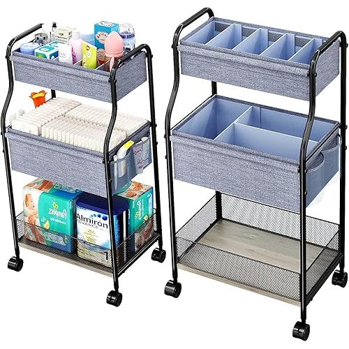 3-Tier Baby Diaper Caddy Organizer and Storage Cart with 4+2 Dividers, Mobile Metal Utility Cart with Rolling Wheels for Nursery Essentials, Large Capacity Rolling Carts for Crib, Bedroom, Bathroom