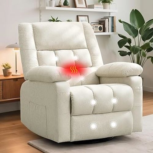 Recliner Chair, Swivel Recliner Chairs for Adults, Glider Rocker Recliner with 2 Side Pockets, Recliners with Heat and Massage, Manual Reclining Chair for Living Room, Bedroom, Nursery, Linen
