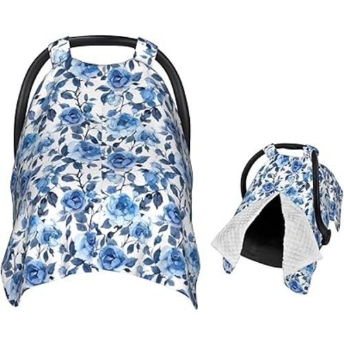 Blue Rose Floral Baby Car Seat Canopy Nursing Cover for Newborn Car Seat Breastfeeding Covers Blanket Newborn Shower Gift