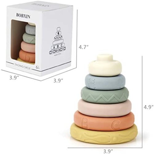 BOBXIN Stacking & Nesting Rings Toy, Soft Circle Stacker, 6 pcs Building Stacker,Teethers for Baby, Squeeze Play with letter, Animal and Graphic, Toddler Learning Toys for 6 Month Old Boys Girls