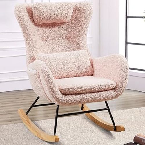 Small Rocking Chair Nursery, Modern Rocker Chair with High Backrest, Comfy Accent Glider Chair with Headrest and and Throw Pillow (Pink)