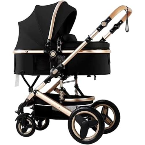 Luxury Baby Stroller 2 in 1 with Bassinet Mode Foldable Infant Stroller High Landscape Reversible Stroller Travel Pram Baby Carriage (Black)