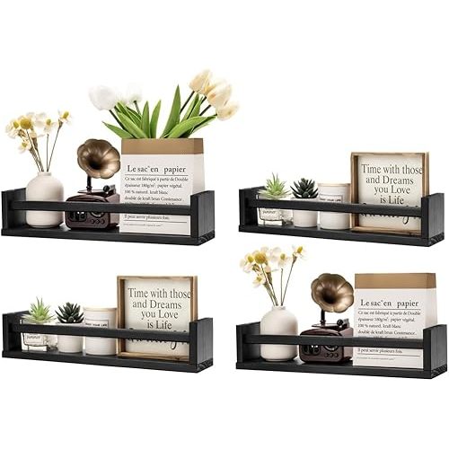 Gneric Floating Shelves for Wall, Black Nursery Book Shelves, 15.7 inch Kids Bookshelf, Wall Shelves for Living Room Bedroom Decor,Kitchen Spice Rack,Bathroom Storage Rack(4 Pack)