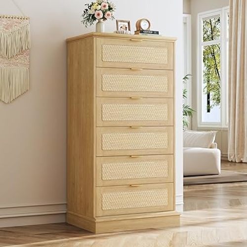 6 Drawer Dresser for Bedroom, 50 Inch Tall Dressers & Rattan Chest of Drawers, Boho Style, Wood Modern Dressers Organizer for Bedroom, Living Room, Hallway, Entryway, Natural Oak