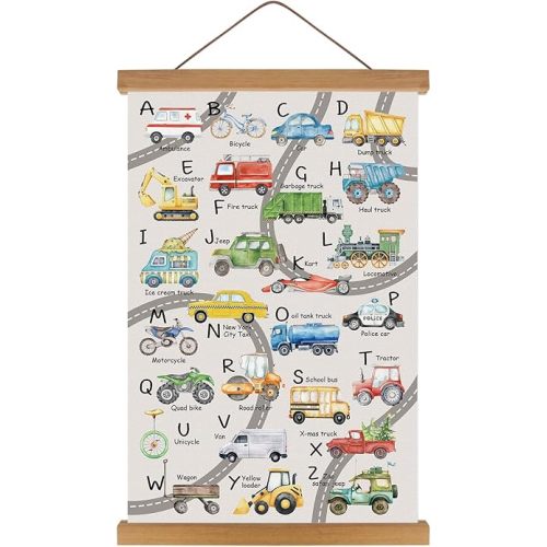 KAIRNE Transport Alphabet Poster With Wood Magnetic Hanging Framed(35CMx56CM) School Bus Vehicle ABC prints,Construction Boys Room Wall Art,Inspirational Truck Car Pictures for Boys Playroom Decor