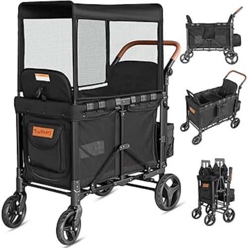 Wagon Stroller for 2 Kids - Double Seater Push Stroller with Canopy | Collapsible Foldable Wagon for Kids Toddlers & Infants with Removable Seat Pads (Black)