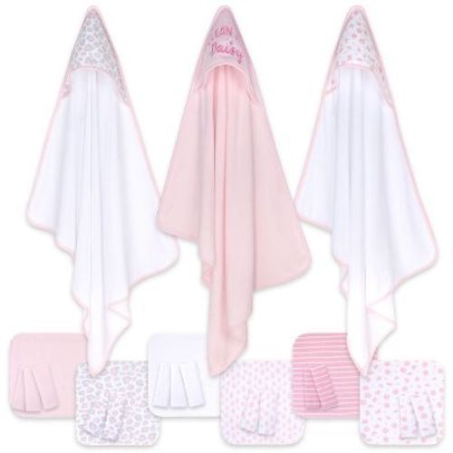 The Peanutshell Baby Hooded Towels And Washcloths Bath Set, 23-piece, Daisy Clean Girls, Pink/white