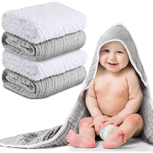 Chumia 4 Pieces Muslin Hooded Baby Towels for Newborn Girls Boys 32"x 32" Cotton Infant Bath Towel Absorbent Unisex Hooded Blankets for Babies Toddler, Newborn Registry Baby Gift (White,Gray)