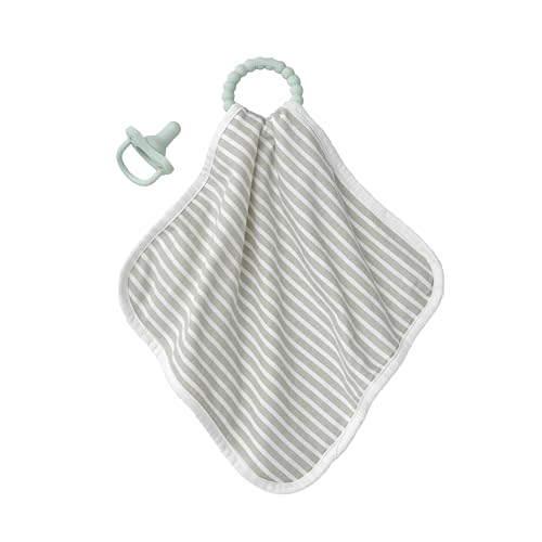 Dr. Brown's Lovey Blanket with Beaded Teether Ring and HappyPaci 100% Silicone One-Piece Pacifier, Soothing Security Blanket Set for Baby, Gray Stripes, 0m+