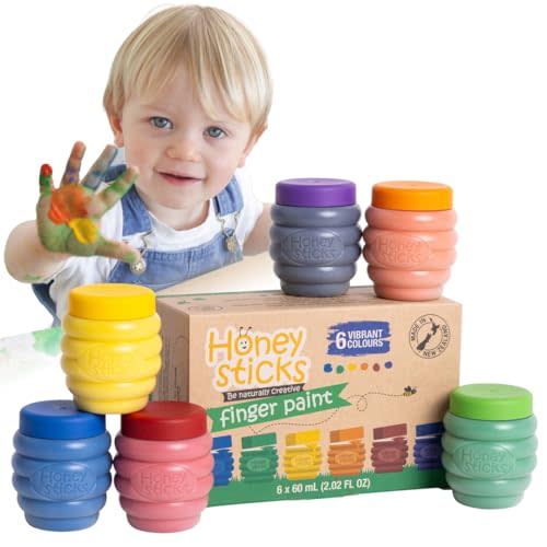 Honeysticks Non Toxic Finger Paint (6 Bright Colors), Washable from Skin, Safe Finger Painting for Toddlers, Kids Ages 1-3, 2-4, 3-5, Perfect First Paint for Little Artists Age 1+, Water Based, Eco