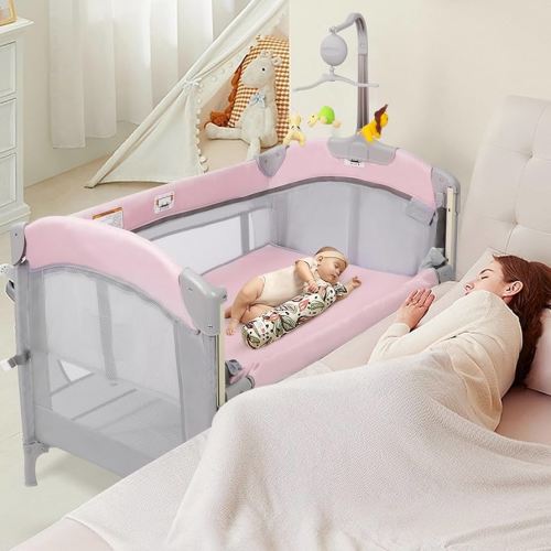 5-in-1 Baby Bassinet Bedside Crib, Pack and Play Long Next to Parents Bed Crib with Toys & Music Box, Mattress, Foldable Playard, Playpen Travel Bed Nursery Center for Girl Boy Infant Newborn