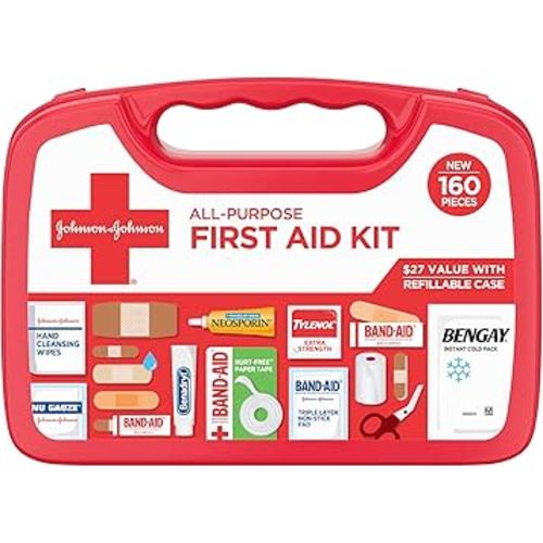 Johnson & Johnson All-Purpose Portable Compact First Aid Kit for Minor Cuts, Scrapes, Sprains & Burns, Ideal for Home, Car, Travel, Camping and Outdoor Emergencies, 160 Pieces