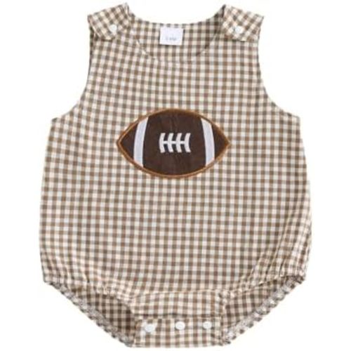 Newborn Baby Boy Football Outfit Rugby Embroidery Sleeveless Bubble Romper Seersucker Stripe Bodysuit Summer Clothes