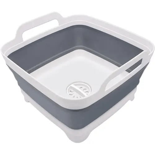 2.4 Gal(9L) Collapsible Dish Basin with Drain Plug, Space Saving Outdoor Multiuse Foldable Sink Tub, Dishpan, Kitchen Storage Tray for Camping, Vegetable Washing, RV (Gray)