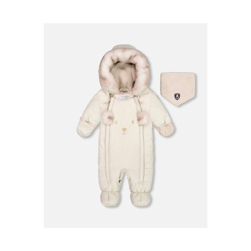 Baby Unisex One Piece Baby Bear Face Snowsuit Silver White Designed For Car Seat, 12M