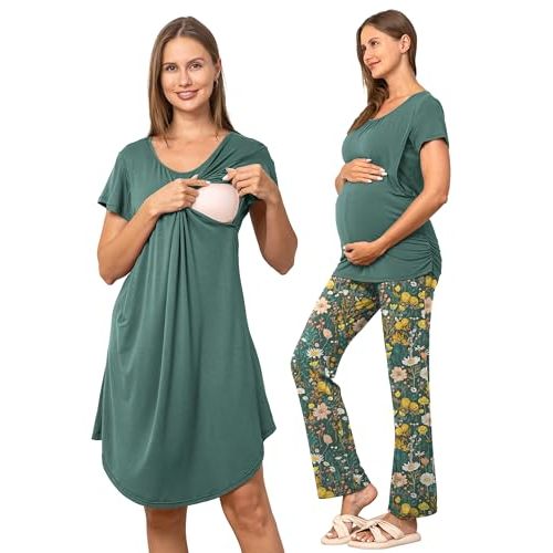 SUNNYBUY Women 3 PCS Maternity Nursing Nightgown Dress & Short Sleeve Breastfeeding Top & Pregnancy Pants Sleepwear Set