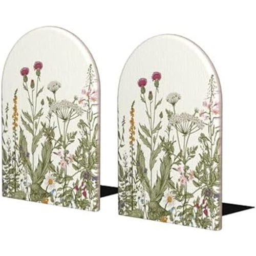 Wild Flower Herbs Bookends Decorative Antique Floral Book Ends for Shelves Heavy Books Holder Organizer Non-Slip Desk Book End for Kids Room Office School Kitchen Home Desktop Decor 1 Pairs