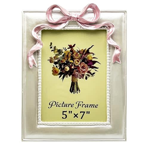 JANDERART Vintage Picture Frame 5x7 Inch, Ornate Cute Photo Frames with Glass Front, Pink Bow Design, Tabletop & Wall Hanging, Girls Room, Gift Ideas, Pearly White