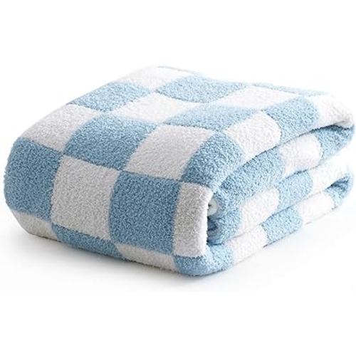 David's Home 100% Chenille Checkered Throw Blanket, Ultra Soft Milky Cozy Fuzzy Knitted Throw with Classic Checkerboard Grid Pattern, Suitable for Couch,Sofa,Chair,Bed,Picnic, Sky Blue, 50x60