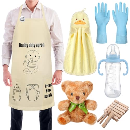 Cotwinter 7 Pcs Daddy Duty Apron for New Dad Funny Diaper Apron for Baby Shower First Daddy to Be Father's Day Gift(Beige,Classic)