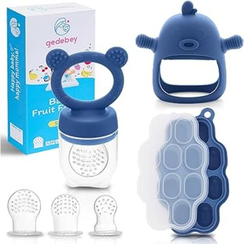 Baby Fruit Feeder Pacifier - 3 Pack | 1 Baby Food Feeder & 1 Baby Teether & 1 Baby Popsicle Molds | Breastmilk Popsicle Molds | Baby Teething Toys | Baby Fruit Food Feeder Pacifier Babies (Steel Blue)