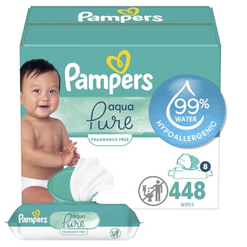 Pampers Baby Wipes Aqua Pure, 99% water-based wipes, Hypoallergenic and Unscented Baby Wipes, 448 Wipes Total (8 Flip-Top Packs)
