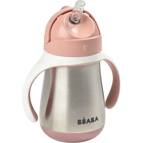 BEABA Stainless Steel Straw Sippy Cup, Insulated Toddler Cups Spill Proof with Removable Handles, Made with High Grade Stainless Steel, 8+ months, 8.5 oz, Rose