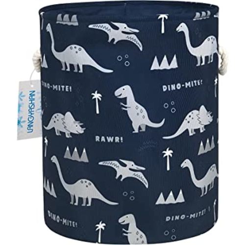 LANGYASHAN Laundry Basket Canvas Collapsible Organizer Storage Basket for Boys Girls Laundry Hamper Toy Bins Gift Baskets Bedroom Clothes Children Nursery (Blue Dinosaur)