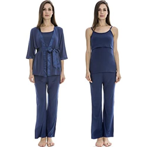 Bearsland Maternity Women's 3 Pieces Soft Nursing Pajamas Set Postpartum Sleepwear for Breastfeeding
