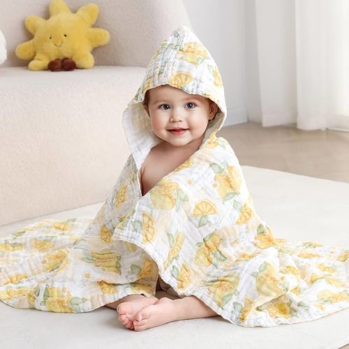 Baby Beach Towel, Muslin Baby Hooded Towel, Ultra Soft and Highly Absorbent Toddler Bath Towel, 100% Muslin Cotton Bath Wrap for Babies - Large Newborn Essential 43 x 43 Inch (Lemon)