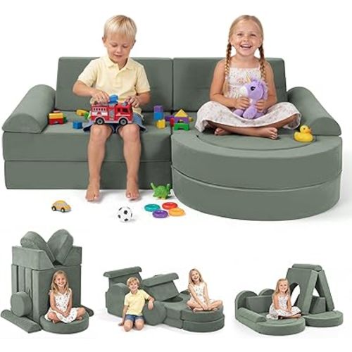 Fvkind Modular Kids Play Couch 16pcs, Toddler Couch for Playroom, Bedroom, Toddler Modular Play Sofa, Kids Sofa Building Fort with Convertible Foam Cushion for Boys and Girls, Green