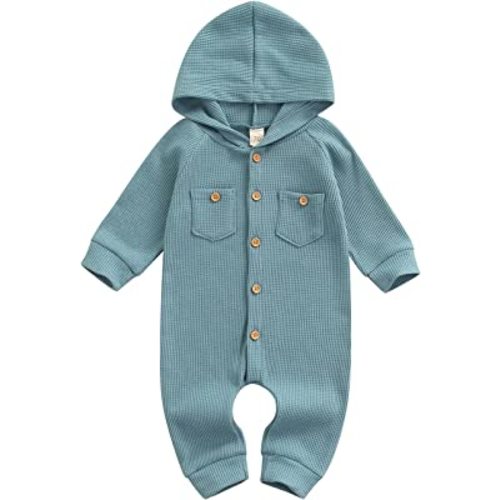 Ynibbim Winter Newborn Baby Boy Girl Solid Romper Unisex Infants Hooded Outfit Clothes Waffle Cotton Button Jumpsuits
