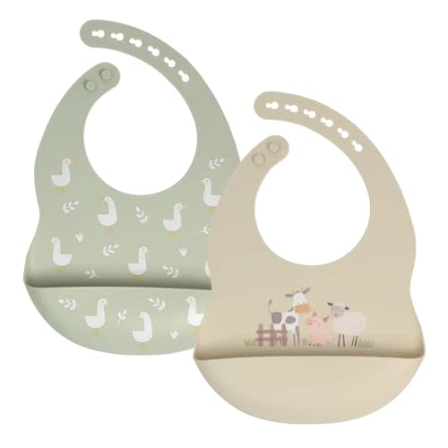 Little Rawr Baby Silicone Bibs 2 Sets Baby Bibs with Food Catcher for Girls Boys Toddlers BPA Free Waterproof Soft Durable
